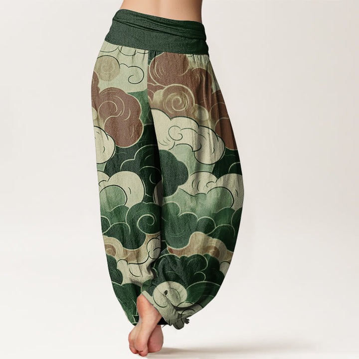 Buddha Stones Damen-Haremshose aus reiner Baumwolle mit glückverheißendem Wolkenmuster und elastischer Taille