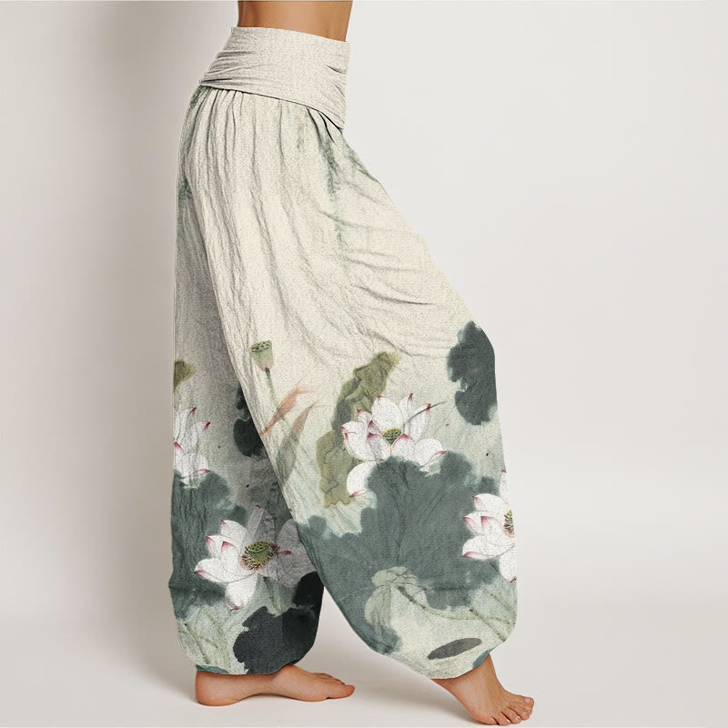 Buddha Stones Lässige Haremshose mit Lotusblumenmuster und elastischer Taille für Damen - image 2
