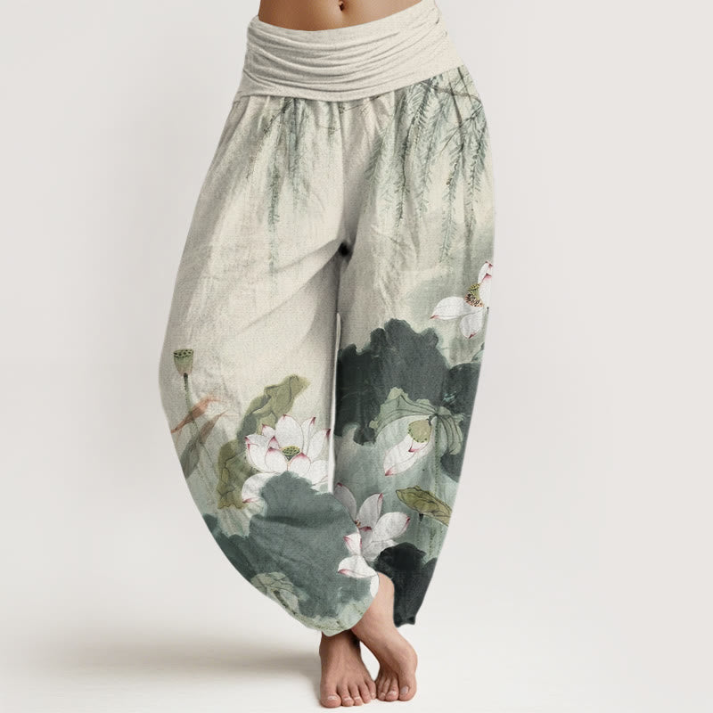 Buddha Stones Lässige Haremshose mit Lotusblumenmuster und elastischer Taille für Damen - DunkelMeergrün - US22， UK/AU26，EU54 (6XL) - image 1