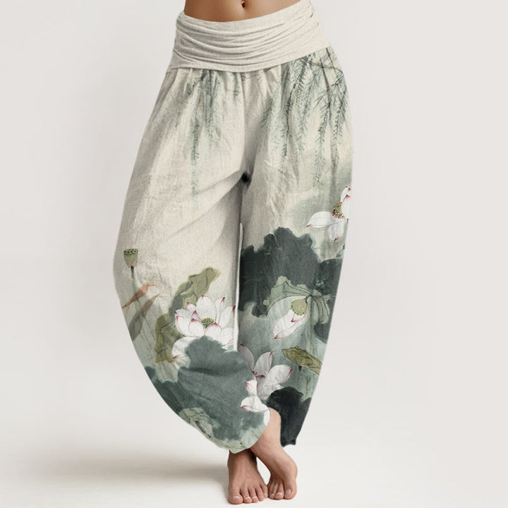 Buddha Stones Lässige Haremshose mit Lotusblumenmuster und elastischer Taille für Damen - DunkelMeergrün - US22， UK/AU26，EU54 (6XL) - image 1