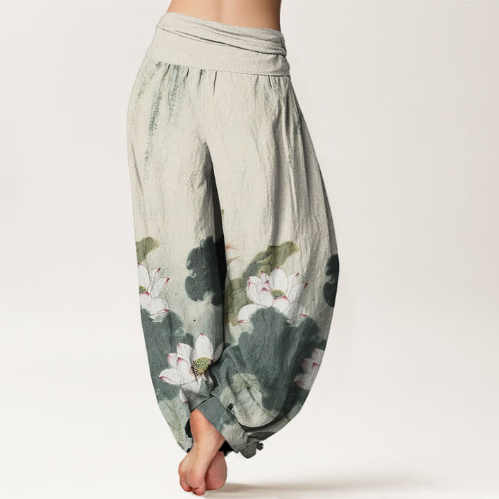 Buddha Stones Lässige Haremshose mit Lotusblumenmuster und elastischer Taille für Damen - image 3