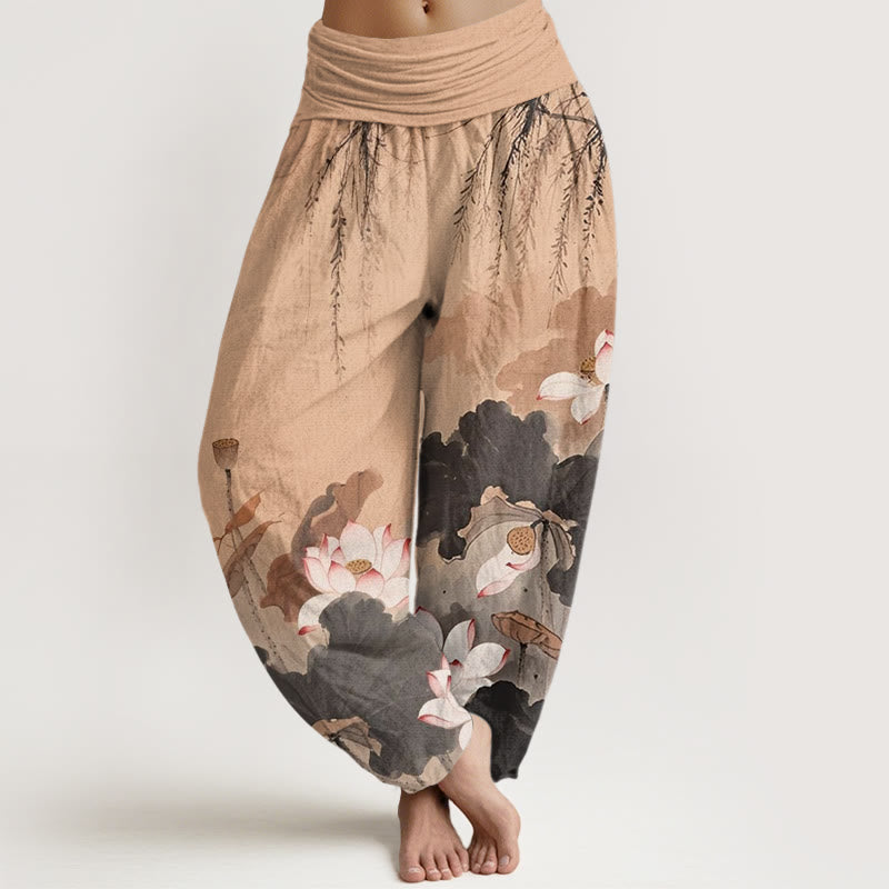 Buddha Stones Lässige Haremshose mit Lotusblumenmuster und elastischer Taille für Damen - Pfirsichpuff - US22， UK/AU26，EU54 (6XL) - image 5