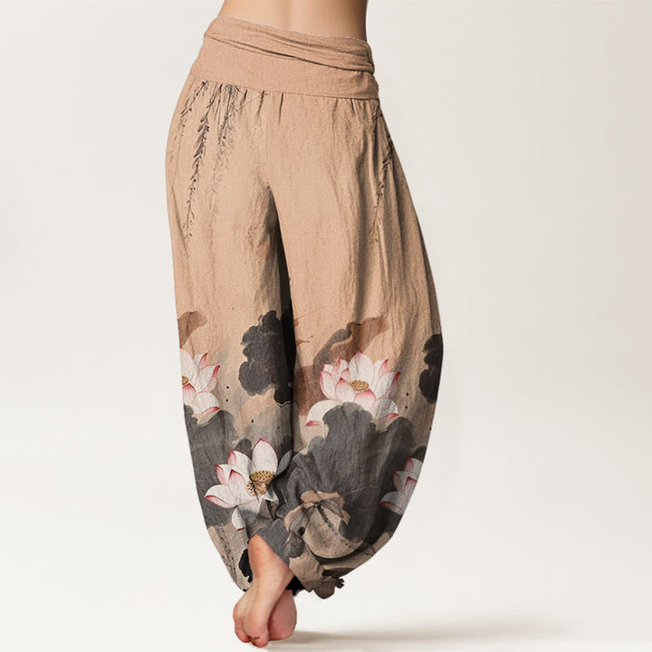 Buddha Stones Lässige Haremshose mit Lotusblumenmuster und elastischer Taille für Damen - image 7