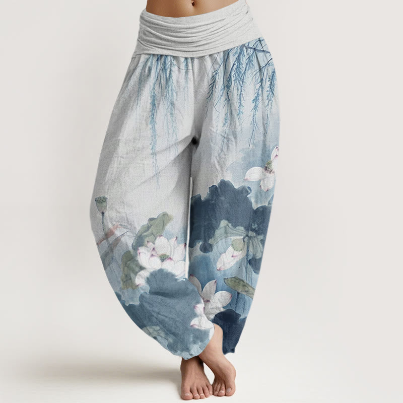 Buddha Stones Lässige Haremshose mit Lotusblumenmuster und elastischer Taille für Damen - Himmelblau - US22， UK/AU26，EU54 (6XL) - image 8