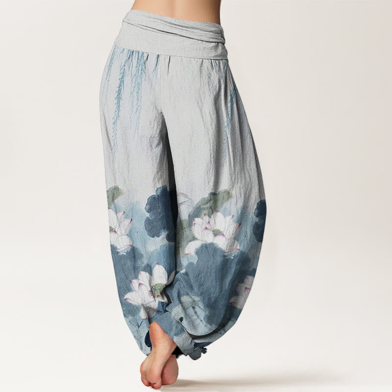 Buddha Stones Lässige Haremshose mit Lotusblumenmuster und elastischer Taille für Damen - image 10