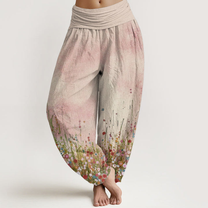 Buddha Stones Damen-Haremshose aus reiner Baumwolle mit buntem Wildblumenfeld-Muster und elastischer Taille