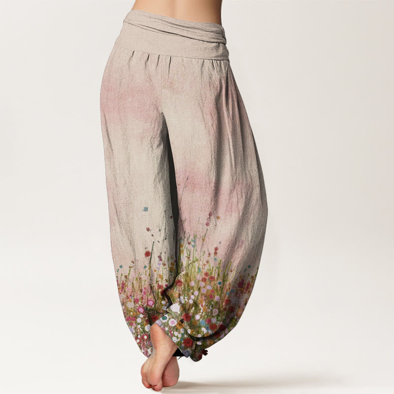 Buddha Stones Damen-Haremshose aus reiner Baumwolle mit buntem Wildblumenfeld-Muster und elastischer Taille