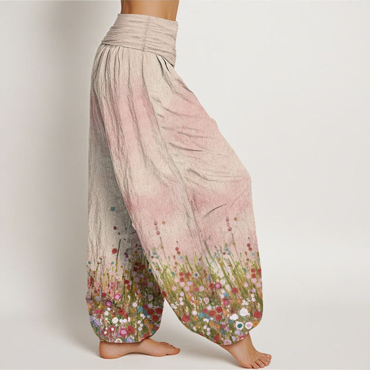 Buddha Stones Damen-Haremshose aus reiner Baumwolle mit buntem Wildblumenfeld-Muster und elastischer Taille