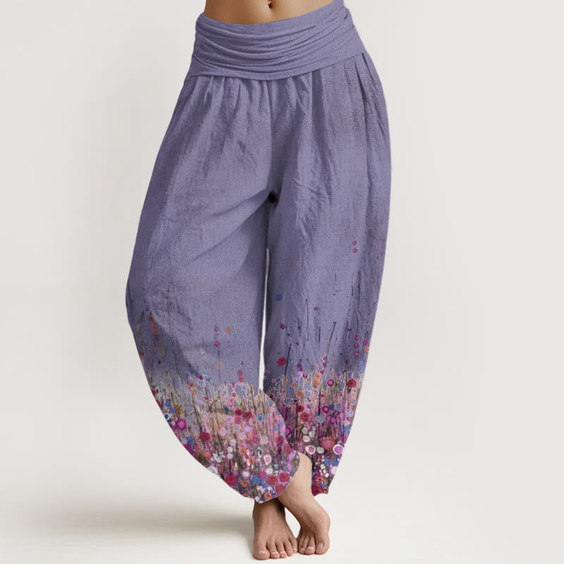 Buddha Stones Damen-Haremshose aus reiner Baumwolle mit buntem Wildblumenfeld-Muster und elastischer Taille