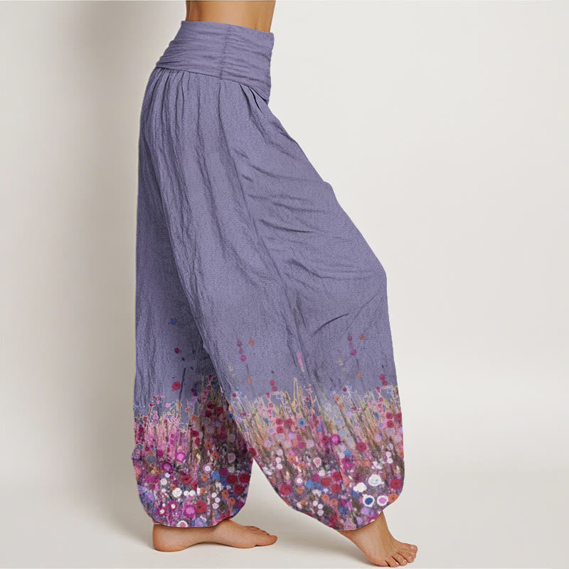 Buddha Stones Damen-Haremshose aus reiner Baumwolle mit buntem Wildblumenfeld-Muster und elastischer Taille