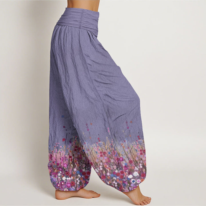 Buddha Stones Damen-Haremshose aus reiner Baumwolle mit buntem Wildblumenfeld-Muster und elastischer Taille