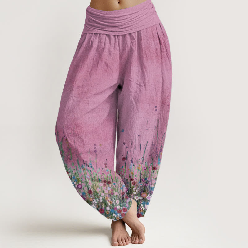 Buddha Stones Damen-Haremshose aus reiner Baumwolle mit buntem Wildblumenfeld-Muster und elastischer Taille