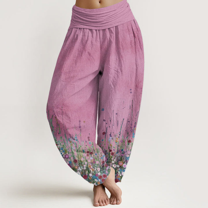 Buddha Stones Damen-Haremshose aus reiner Baumwolle mit buntem Wildblumenfeld-Muster und elastischer Taille
