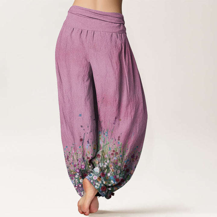 Buddha Stones Damen-Haremshose aus reiner Baumwolle mit buntem Wildblumenfeld-Muster und elastischer Taille