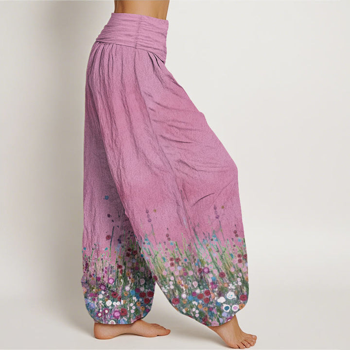 Buddha Stones Damen-Haremshose aus reiner Baumwolle mit buntem Wildblumenfeld-Muster und elastischer Taille