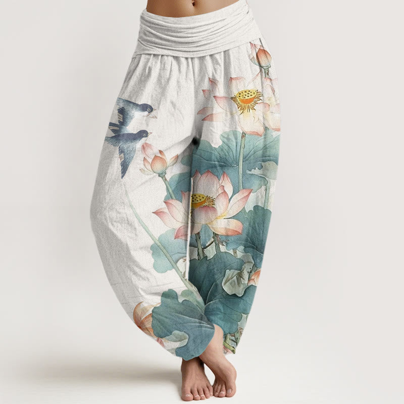 Buddha Stones Lässige Sommer-Haremshose für Damen mit Lotusteich-Muster und elastischer Taille - Schnee - US22， UK/AU26，EU54 (6XL) - image 1
