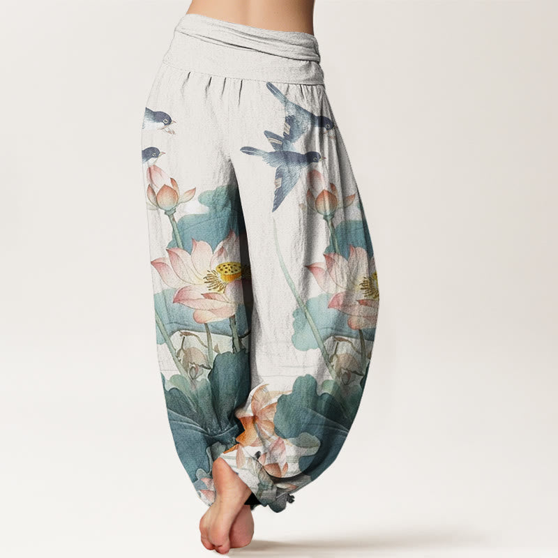 Buddha Stones Lässige Sommer-Haremshose für Damen mit Lotusteich-Muster und elastischer Taille - image 3