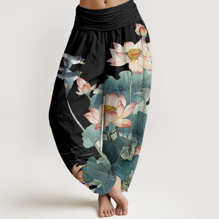 Buddha Stones Lässige Sommer-Haremshose für Damen mit Lotusteich-Muster und elastischer Taille - Schwarz - US22， UK/AU26，EU54 (6XL) - image 5