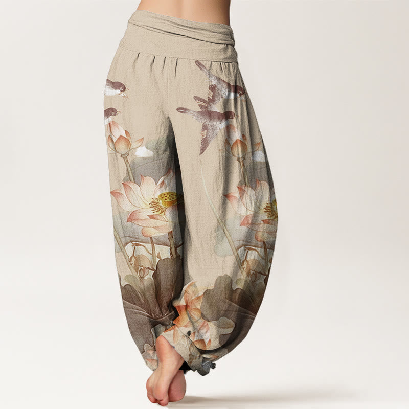Buddha Stones Lässige Sommer-Haremshose für Damen mit Lotusteich-Muster und elastischer Taille - image 10