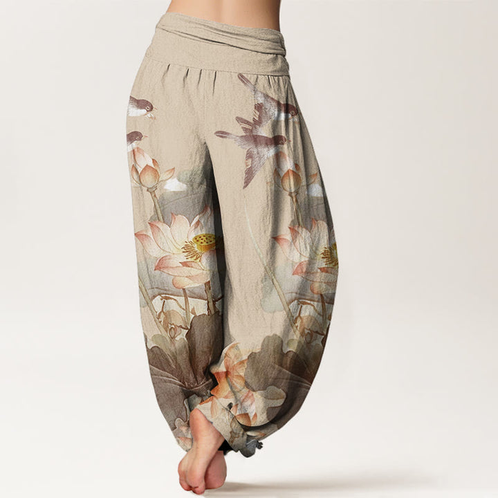 Buddha Stones Lässige Sommer-Haremshose für Damen mit Lotusteich-Muster und elastischer Taille - image 10