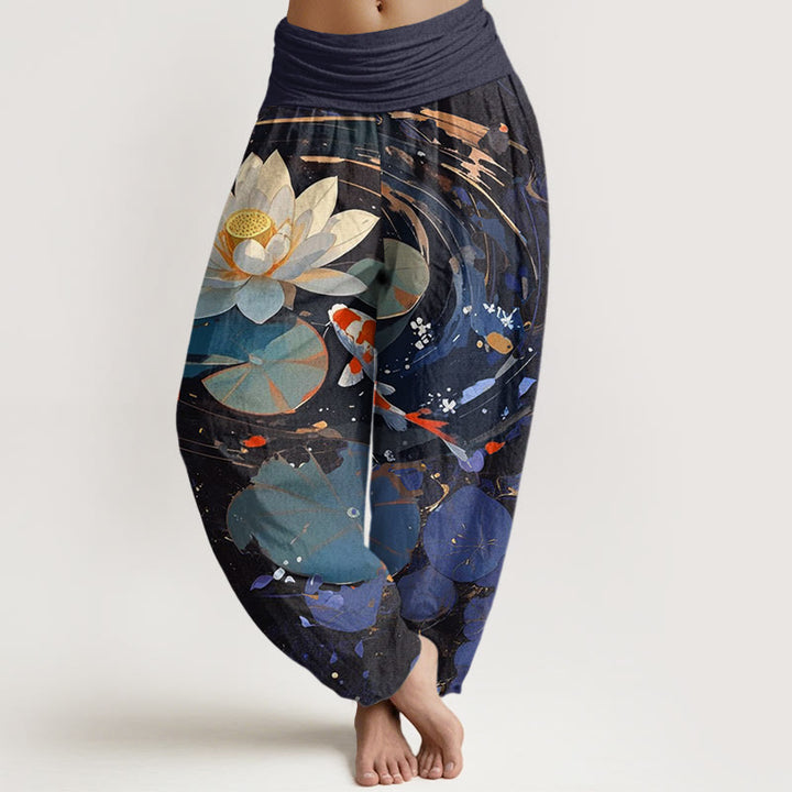 Buddha Stones Lässige Sommer-Haremshose mit Lotusteich und Koi-Fisch-Muster für Damen, elastische Taille - Dunkelblau - US22， UK/AU26，EU54 (6XL) - image 1