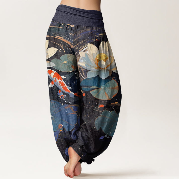 Buddha Stones Lässige Sommer-Haremshose mit Lotusteich und Koi-Fisch-Muster für Damen, elastische Taille - image 3