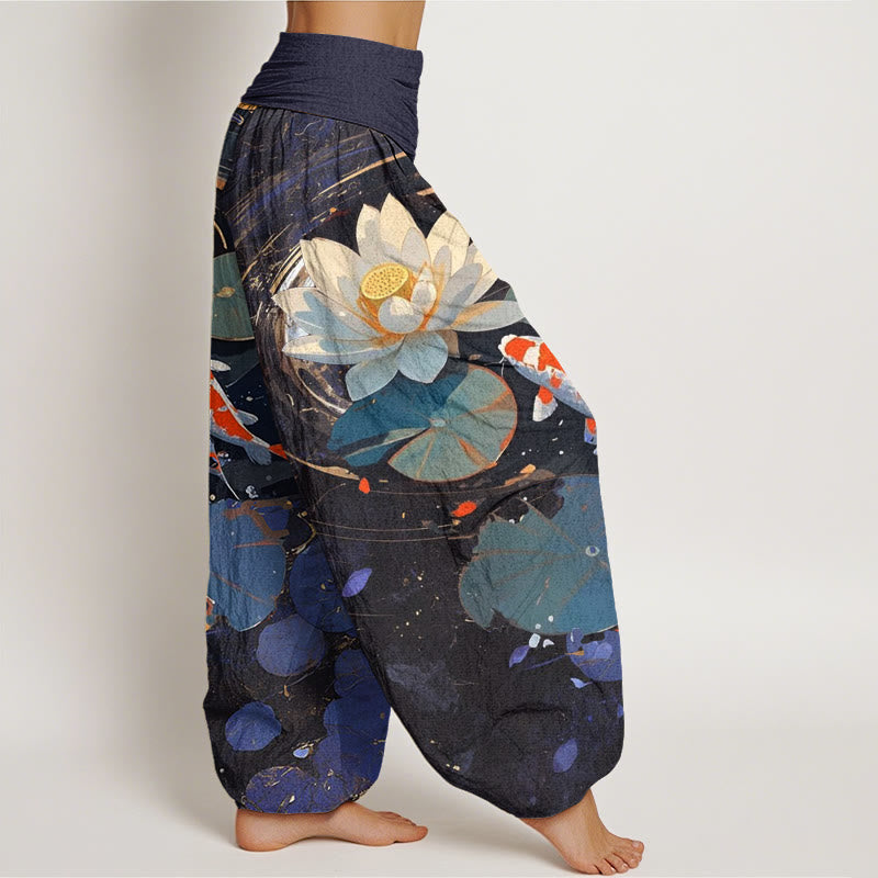 Buddha Stones Lässige Sommer-Haremshose mit Lotusteich und Koi-Fisch-Muster für Damen, elastische Taille - image 2