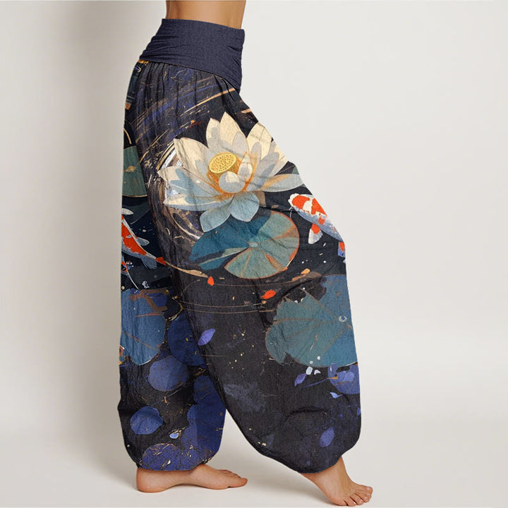 Buddha Stones Lässige Sommer-Haremshose mit Lotusteich und Koi-Fisch-Muster für Damen, elastische Taille - image 2