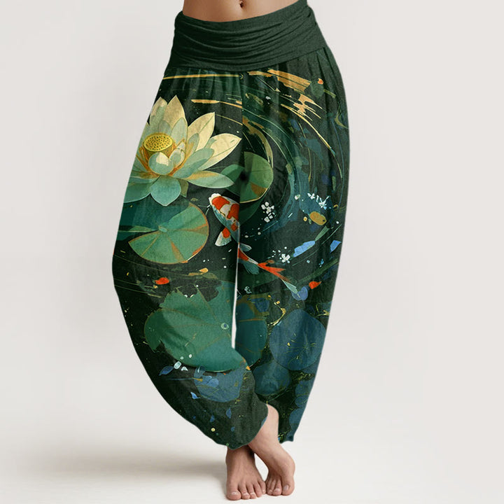 Buddha Stones Lässige Sommer-Haremshose mit Lotusteich und Koi-Fisch-Muster für Damen, elastische Taille - Dunkelgrün - US22， UK/AU26，EU54 (6XL) - image 5