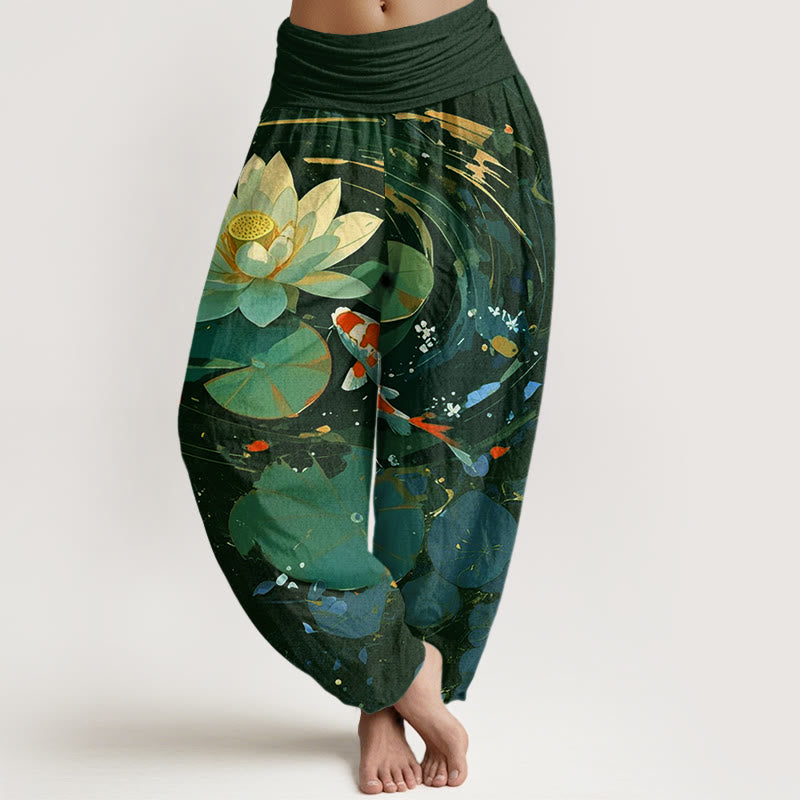 Lässige Sommer-Haremshose aus Baumwolle mit Buddha Stones , Lotus-Teich- und Koi-Fischmuster für Damen mit elastischem Bund. - Dunkelgrün - US22, UK/AU26, EU54 (6XL) - image 4
