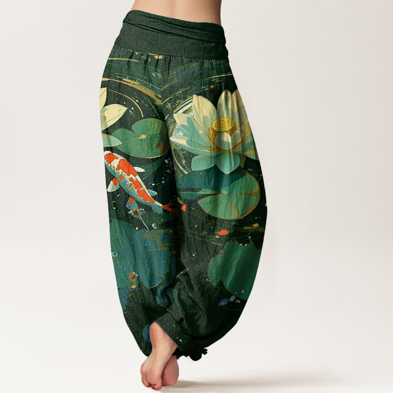 Buddha Stones Lässige Sommer-Haremshose mit Lotusteich und Koi-Fisch-Muster für Damen, elastische Taille - image 7