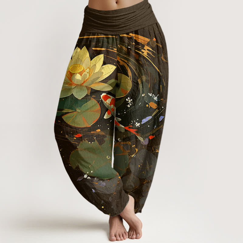 Buddha Stones Lässige Sommer-Haremshose mit Lotusteich und Koi-Fisch-Muster für Damen, elastische Taille - Sattelbraun - US22， UK/AU26，EU54 (6XL) - image 8