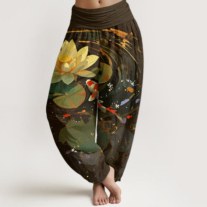 Buddha Stones Lässige Sommer-Haremshose mit Lotusteich und Koi-Fisch-Muster für Damen, elastische Taille - Sattelbraun - US22， UK/AU26，EU54 (6XL) - image 8