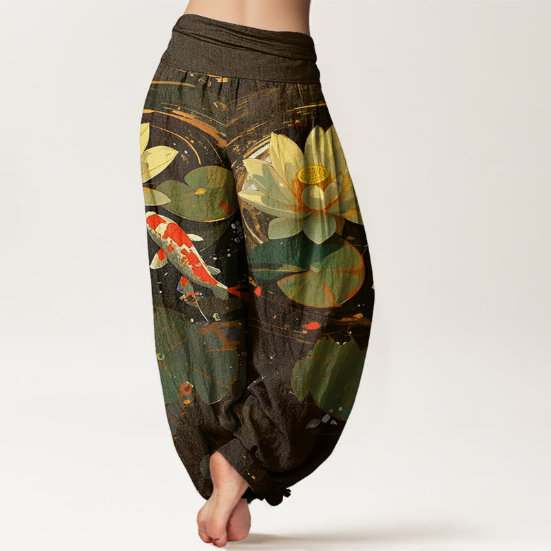 Buddha Stones Lässige Sommer-Haremshose mit Lotusteich und Koi-Fisch-Muster für Damen, elastische Taille - image 10