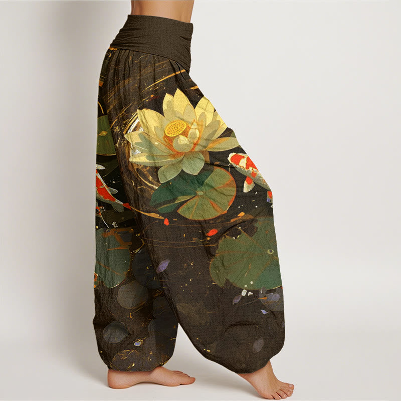 Buddha Stones Lässige Sommer-Haremshose mit Lotusteich und Koi-Fisch-Muster für Damen, elastische Taille - image 9