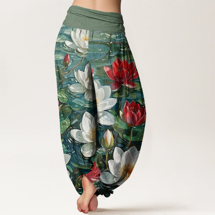 Buddha Stones Lässige Haremshose mit blühendem roten Lotusblumenmuster für Damen, elastische Taille - image 3