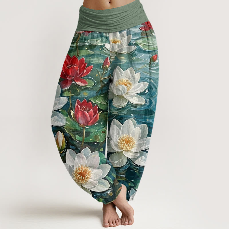 Buddha Stones Baumwoll-Haremshose mit lässigem, rotem Lotusblumenmuster und elastischem Bund für Damen - Waldgrün - US22, UK/AU26, EU54 (6XL) - image 0