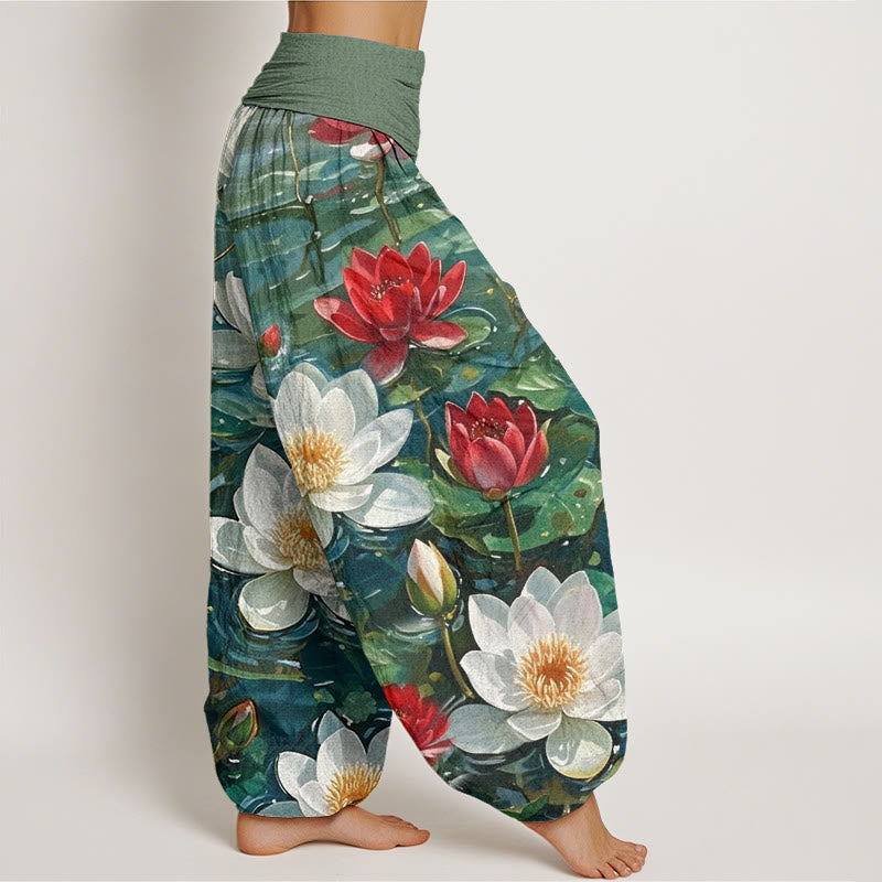 Buddha Stones Lässige Haremshose mit blühendem roten Lotusblumenmuster für Damen, elastische Taille - image 2
