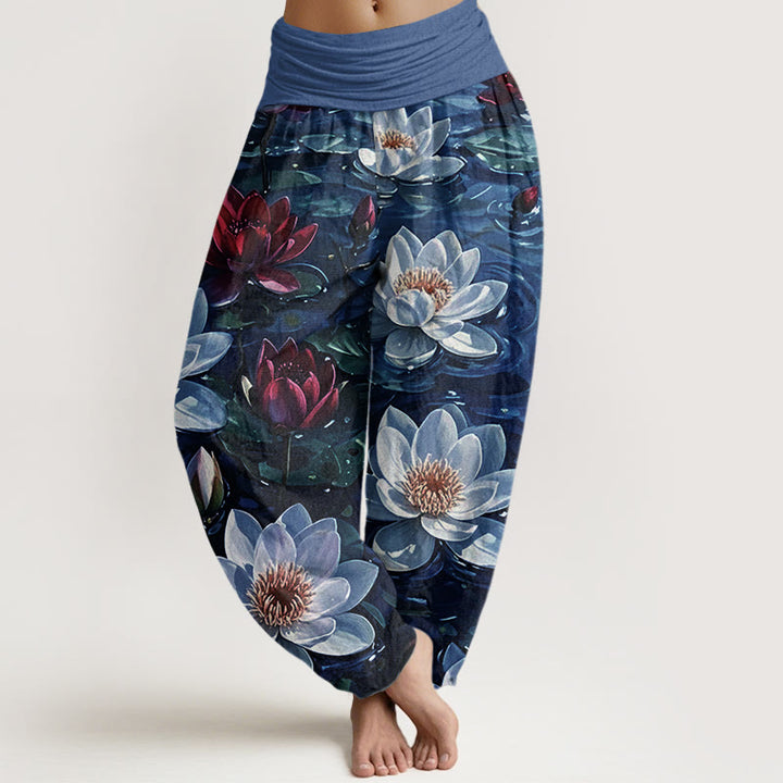 Buddha Stones Lässige Haremshose mit blühendem roten Lotusblumenmuster für Damen, elastische Taille - Mittelblau - US22， UK/AU26，EU54 (6XL) - image 5