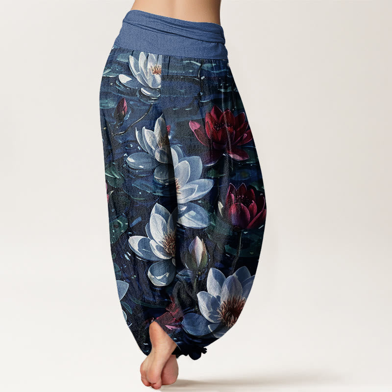 Buddha Stones Lässige Haremshose mit blühendem roten Lotusblumenmuster für Damen, elastische Taille - image 7