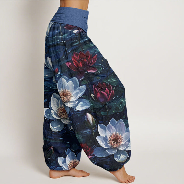Buddha Stones Lässige Haremshose mit blühendem roten Lotusblumenmuster für Damen, elastische Taille - image 6
