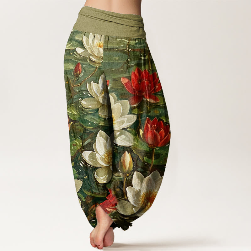 Buddha Stones Lässige Haremshose mit blühendem roten Lotusblumenmuster für Damen, elastische Taille - image 10