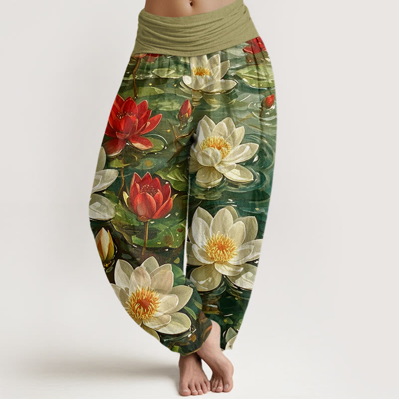 Buddha Stones Lässige Haremshose mit blühendem roten Lotusblumenmuster für Damen, elastische Taille - Olive - US22， UK/AU26，EU54 (6XL) - image 8