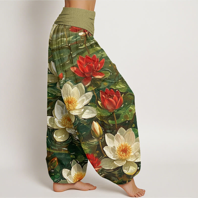 Buddha Stones Lässige Haremshose mit blühendem roten Lotusblumenmuster für Damen, elastische Taille - image 9