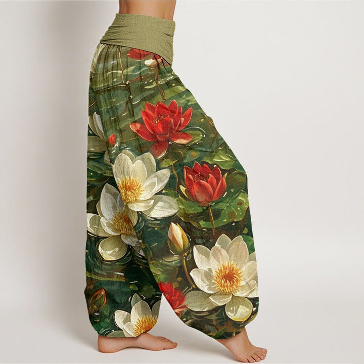Buddha Stones Lässige Haremshose mit blühendem roten Lotusblumenmuster für Damen, elastische Taille - image 9
