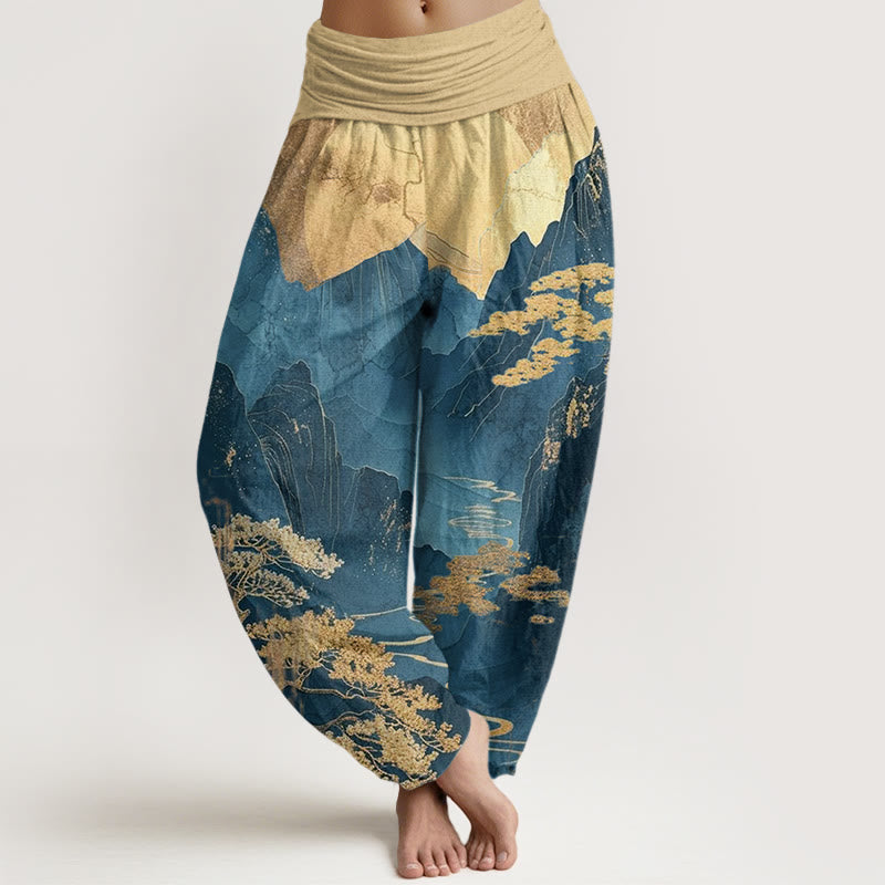 Lässige Haremshose aus Baumwolle mit Buddha Stones und Berg-/Baumzweigmuster für Damen mit elastischem Bund - SteelBlue - US22, UK/AU26, EU54 (6XL) - image 0