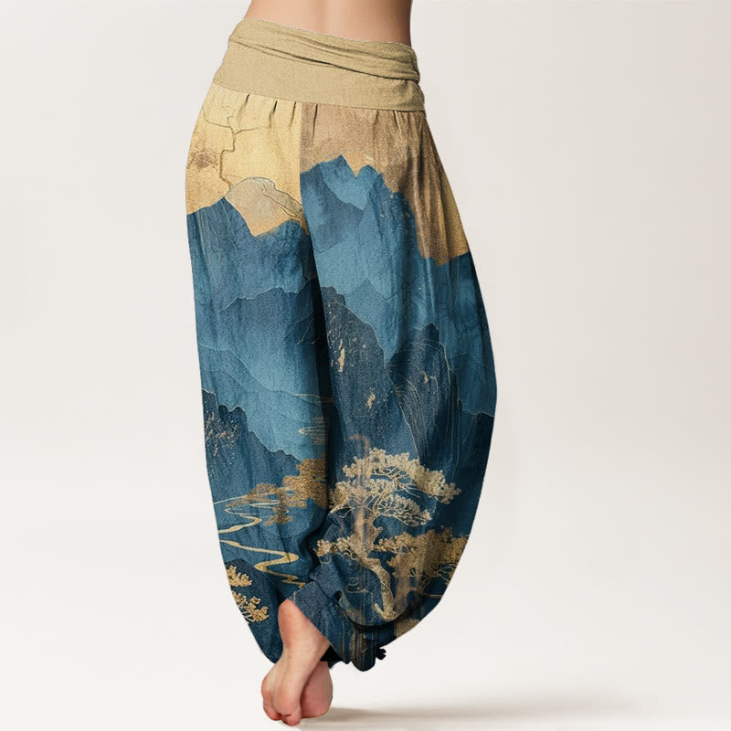 Lässige Haremshose aus Baumwolle mit Buddha Stones und Berg-/Baumzweigmuster für Damen mit elastischem Bund - image 2