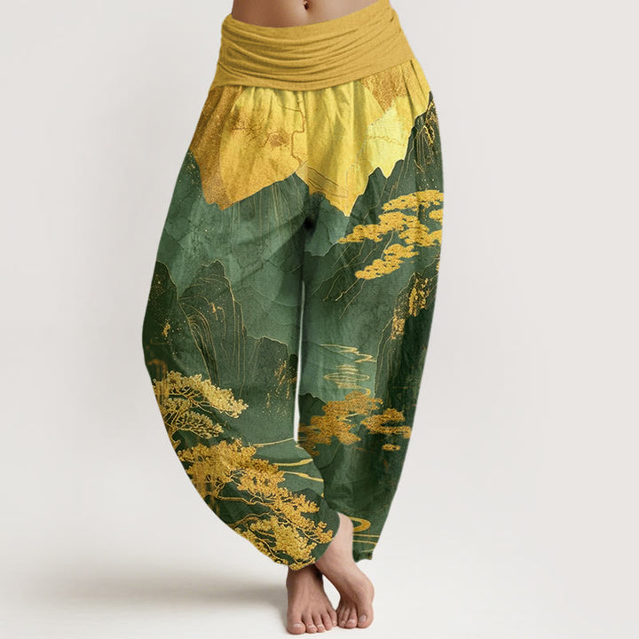 Lässige Haremshose aus Baumwolle mit Buddha Stones und Berg-/Baumzweigmuster für Damen mit elastischem Bund - Grün - US22, UK/AU26, EU54 (6XL) - image 4