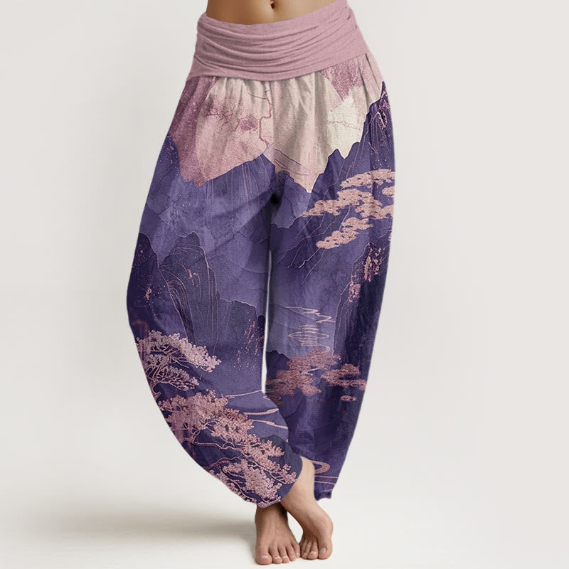 Lässige Haremshose aus Baumwolle mit Buddha Stones und Berg-/Baumzweigmuster für Damen mit elastischem Bund - DarkOrchid - US22, UK/AU26, EU54 (6XL) - image 7
