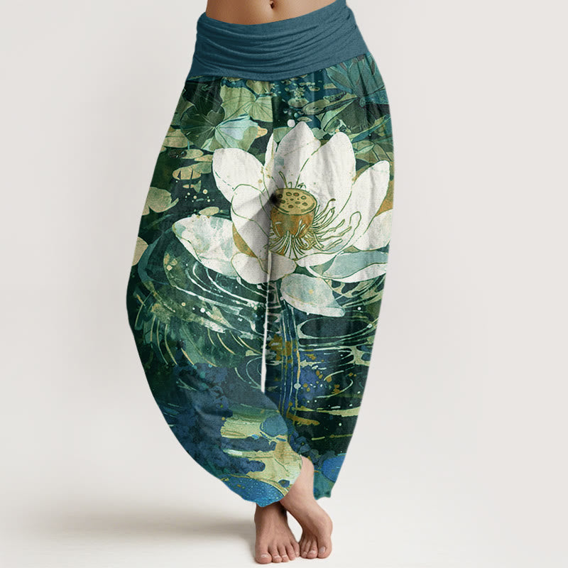 Buddha Stones Lässige, charmante Haremshose mit Lotusblumenmuster für Damen, elastische Taille - Seegrün - US22， UK/AU26，EU54 (6XL) - image 1